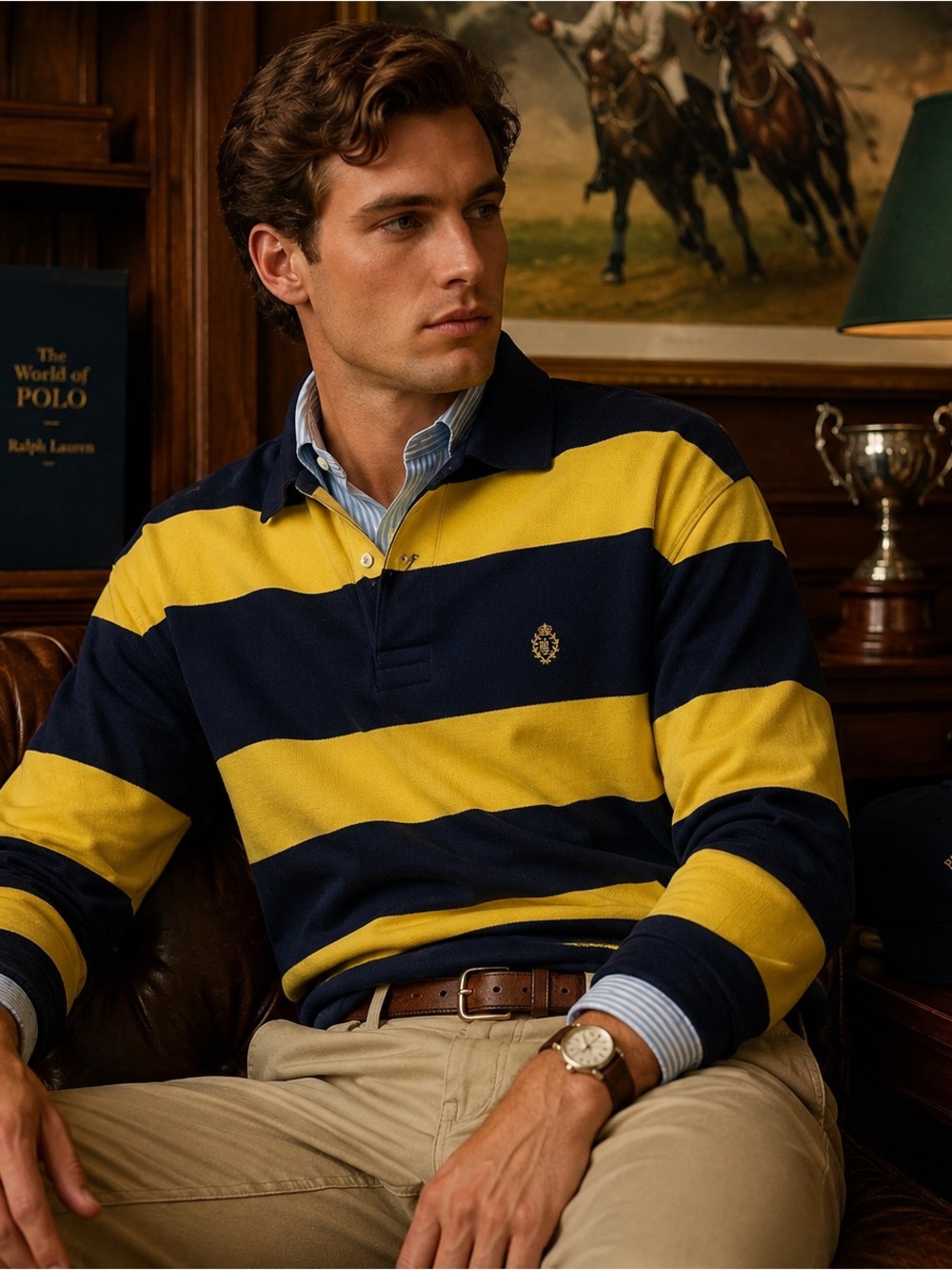 Ralph Lauren Men’s Striped Rugby Polo in Navy & Yellow Preppy Sz Large